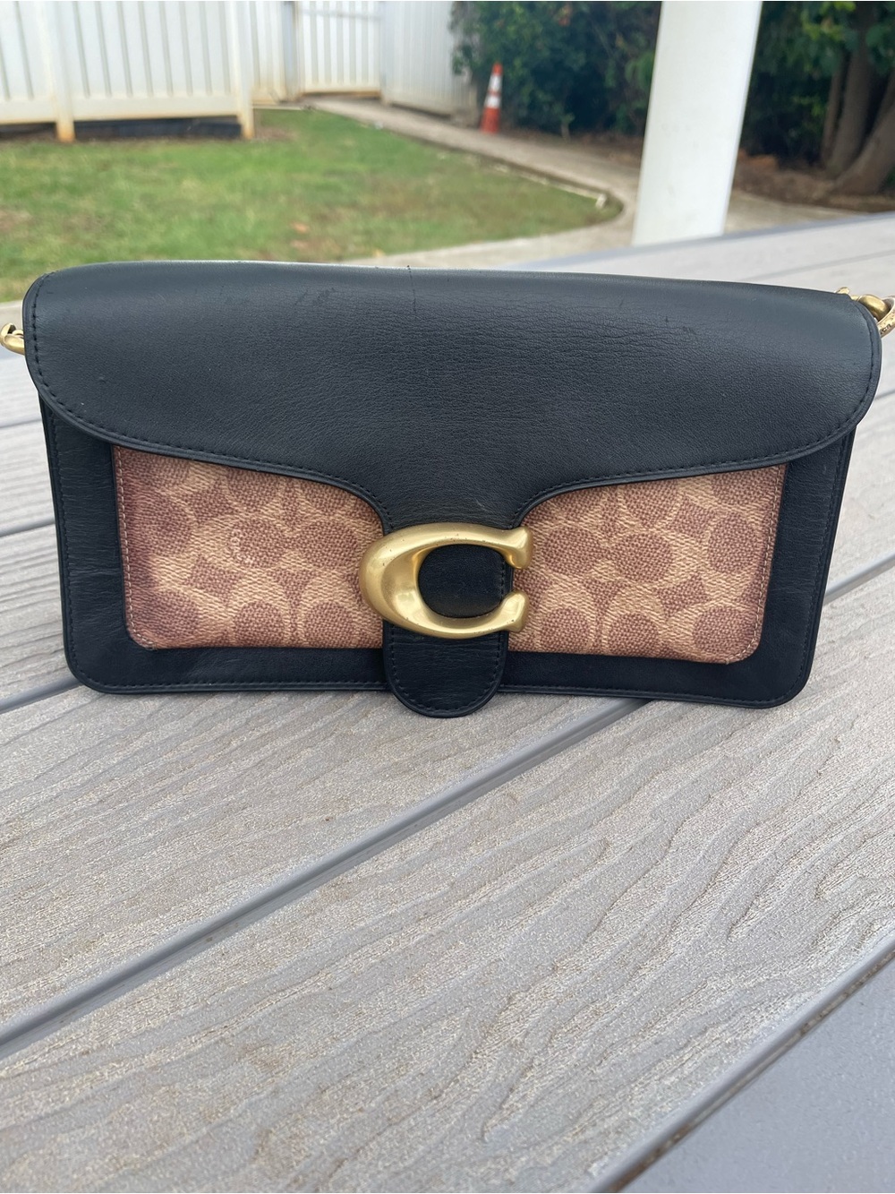 Coach Tabby Black Leather Crossbody with Tan Signature